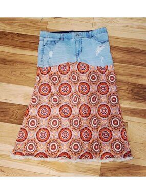 Upcycled Denim & Boho Print Maxi Skirt With Distressed Look And Lace Hem Trim